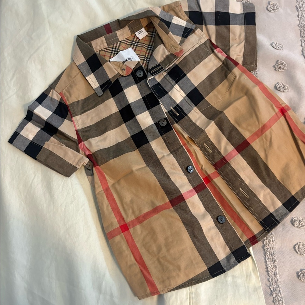 Burberry Kids Tan and Black Checkered Button Down Shirt